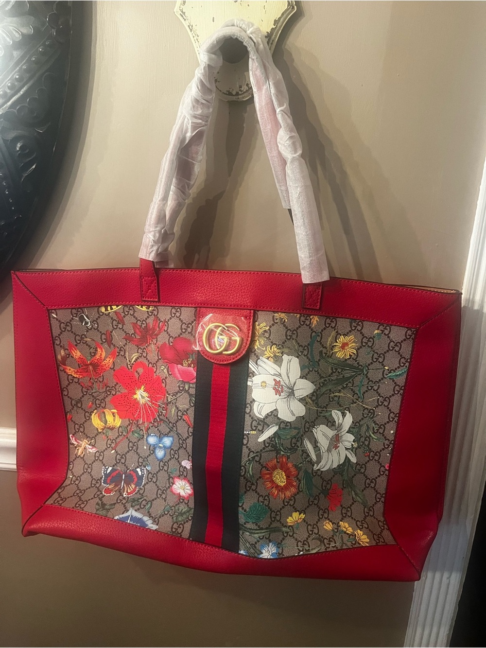 Huge Gucci style Red Floral GG Supreme Tote with Wristlet - Picture 2 of 12